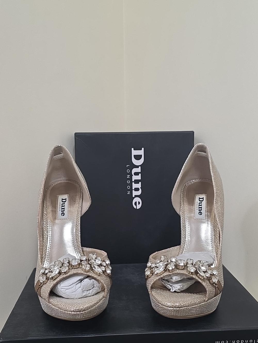 Dune London Gold Glitter Crystal Embellished Peep-Toe Heels